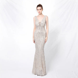 Elegant V-Neck Sequin Prom Dress in Floor-Length Mermaid Style