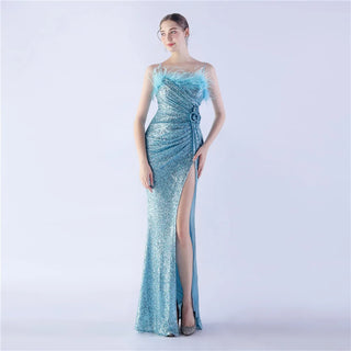 Elegant Sequin Prom Dress with Feather Accents and Floor-Length Mermaid Skirt