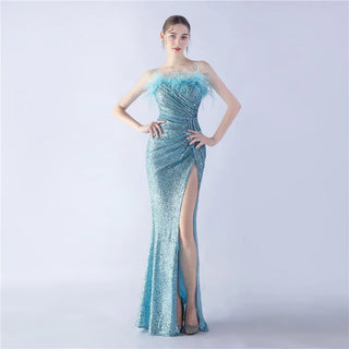 Luxurious Boat Neck Sequin Floor-Length Prom Dress with Feathers