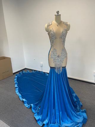 Elegant Blue Mermaid Gown with Crystal Embellishments