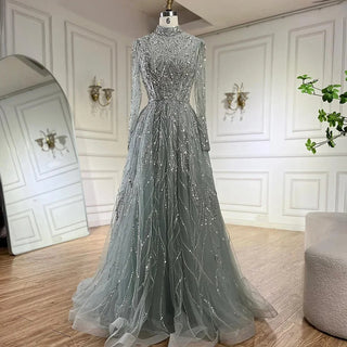 Muslim Elegant Blue A-Line Beaded Luxury Dubai Evening Dresses Gowns For Women Wedding Party 2024