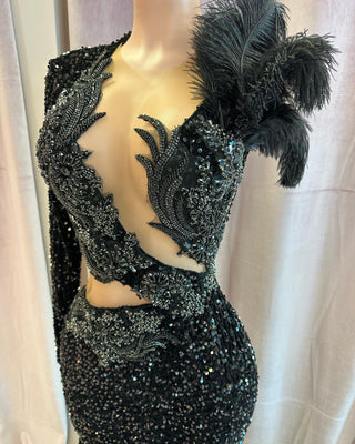 Elegant One-Shoulder Sequin Mermaid Gown with Feather Accent