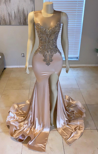 Champagne Satin and Beaded High-Slit Gown with Dramatic Train