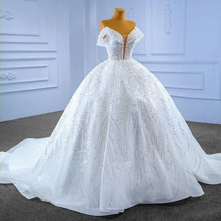 Luxury White Sequin Ball Gown Modest Sweetheart Wedding Dress