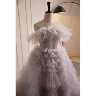 Ethereal Layered Tulle Ball Gown with Off-the-Shoulder Ruffle Detailing