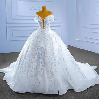 Luxury White Sequin Ball Gown Modest Sweetheart Wedding Dress