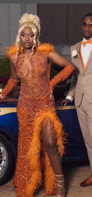 Orange Beaded Gown with Feathered Detailing and Sheer Accents