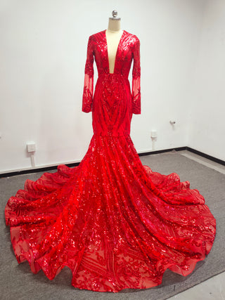 Exquisite Red Sequin Gown with Deep V-Neck and Long Sleeves