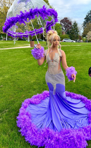 Exquisite Purple Feathered Sequin Mermaid Gown with Fluffy Train