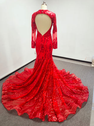 Exquisite Red Sequin Gown with Deep V-Neck and Long Sleeves