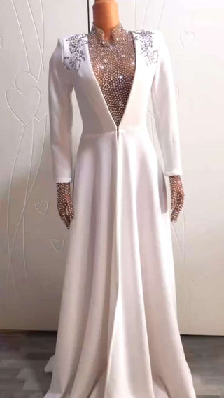 Ships in 1 to 3 Days - Elegant White Gown with Crystal Mesh Collar and Embellished Cuffs