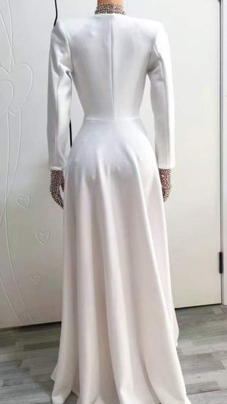 Ships in 1 to 3 Days - Elegant White Gown with Crystal Mesh Collar and Embellished Cuffs