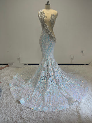 Elegant Aqua Mermaid Gown with Intricate Sequin Embellishments