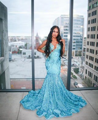 Elegant Aqua Mermaid Gown with Intricate Sequin Embellishments