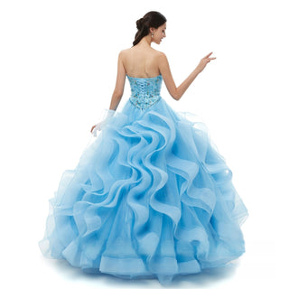 Enchanting Strapless Ball Gown with Beaded Bodice and Voluminous Ruffle Skirt