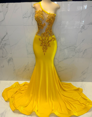 One-Shoulder Illusion Beaded Mermaid Gown with Flowing Train