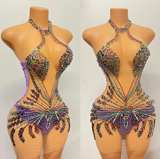 Opulent Multi-Colored Crystal-Embellished Bodysuit