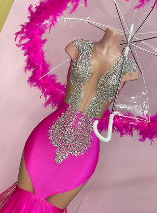 Vibrant Pink Embellished Gown with Feathered Train and Side Cutouts