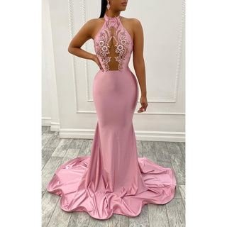 Elegant Mermaid Evening Gown with High Neck and Intricate Applique