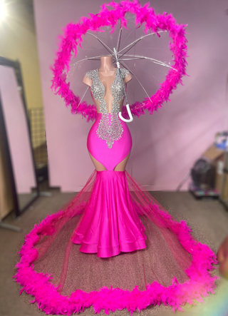 Vibrant Pink Embellished Gown with Feathered Train and Side Cutouts