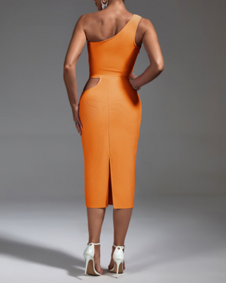 Ships in 1 to 3 Days - Sleek One-Shoulder Midi Dress with Belted Cutout Accents