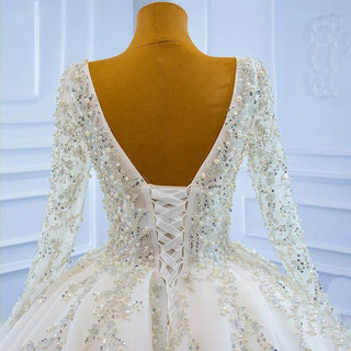 Luxury White Ivory Pearl Long Sleeves Wedding Dress