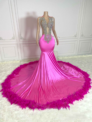 Glamorous Pink Satin Evening Gown with Feathered Train and Crystal Embellishments