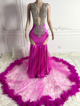 Vibrant Pink Embellished Gown with Feathered Train and Side Cutouts