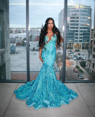 Elegant Aqua Mermaid Gown with Intricate Sequin Embellishments