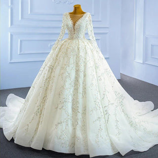 Luxury White Ivory Pearl Long Sleeves Wedding Dress