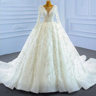 Luxury White Ivory Pearl Long Sleeves Wedding Dress