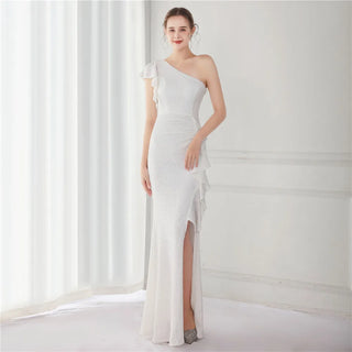 Elegant One-Shoulder Sequin Evening Dress for Weddings and Special Events