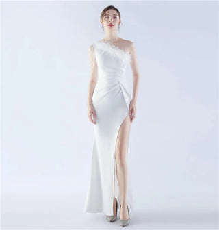 Beaded Satin One-Shoulder Ankle-Length Trumpet Prom Dress with Ostrich Feathers