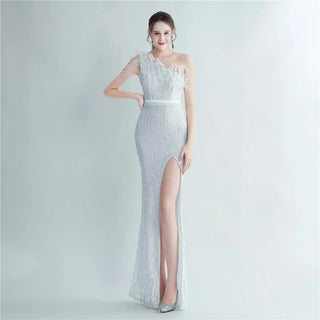 Elegant Slash Neck Feather Sequin Evening Dress for Women Beading Long Party Maxi Dress