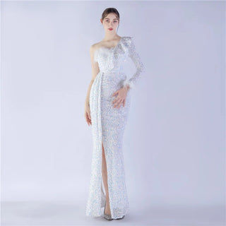 Glitter Sequin One-Shoulder Trumpet Prom Dress with Feathers