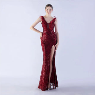 Elegant V-Neck Sequin Evening Dress Mermaid Floor-Length Formal Dress with Feathers