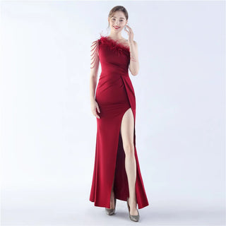 Beaded Satin One-Shoulder Ankle-Length Trumpet Prom Dress with Ostrich Feathers