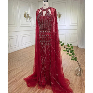 Mermaid Elegant Cape Sleeves Beaded Luxury Evening Dress Gown For Women: Arabic Party 2024