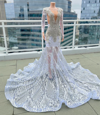 Opulent Crystal-Embellished Long Sleeve Mermaid Gown with Lace Train