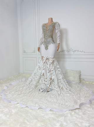 Opulent Crystal-Embellished Long Sleeve Mermaid Gown with Lace Train