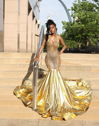 Gilded Halter Neck Mermaid Gown with Crystal Embellishments