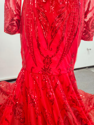 Exquisite Red Sequin Gown with Deep V-Neck and Long Sleeves