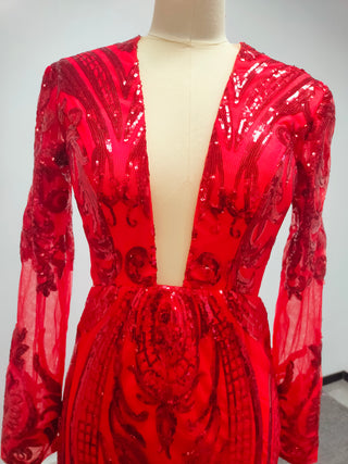 Exquisite Red Sequin Gown with Deep V-Neck and Long Sleeves