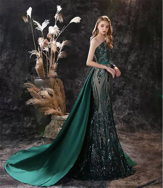 Luxurious One-Shoulder Beaded Mermaid Gown with Cape