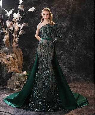 Luxurious One-Shoulder Beaded Mermaid Gown with Cape