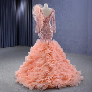 Pink Enchantment: Ruffle Long Sleeve Sequins Mermaid Evening Party Gown