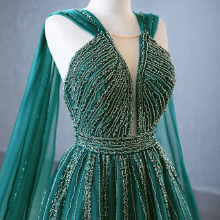 Emerald Elegance: Sleeveless Sequins Evening Party Gown with Shawl