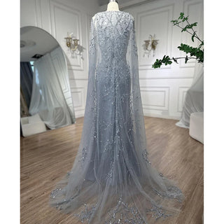 Gray Elegance: 2024 Mermaid Evening Gown with Cape Sleeves, Luxury Beading, and Arabic Inspiration