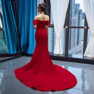 Sultry Elegance: Red Off-Shoulder Beaded Mermaid Evening Dress