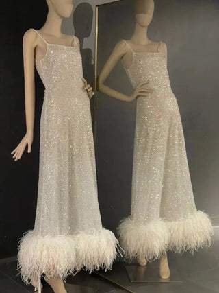 QUEENS DUBAI: Luxury Spaghetti Straps Square Neckline Costume Dress - Ostrich Feathers, Heavy Beaded Sequins, Lace Fashion Show Elegance